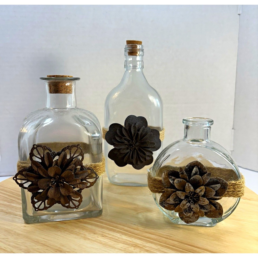 Set of 3 Clear Glass Decorative Bottles w/ Cork Lids, Floral, Jute Wrap